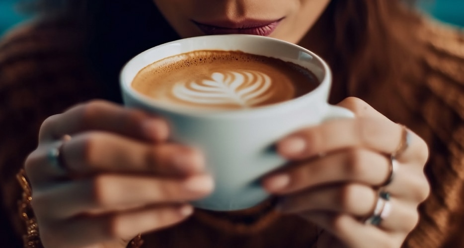 Mujer con una taza de café Arábica en la mano, a punto de beber