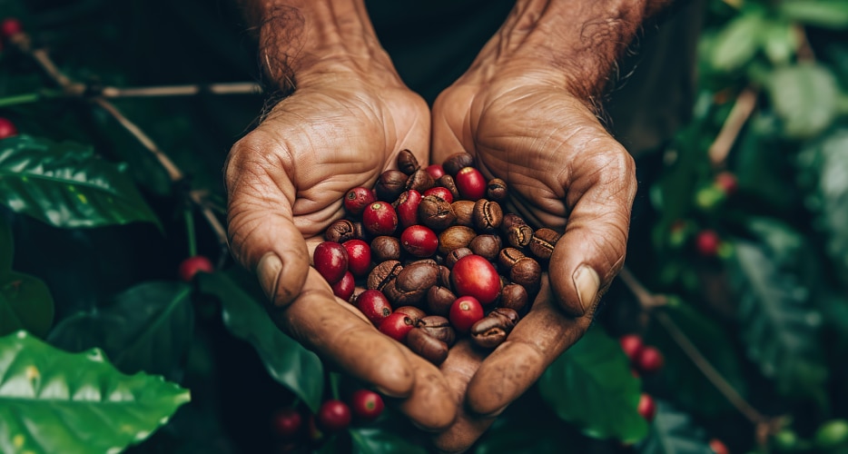 Granos de café en las manos con ramas verdes en el fondo