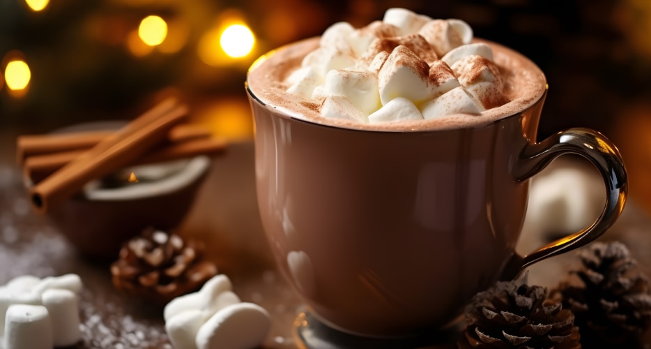 Chocolate caliente y cobertura en un ambiente navideño